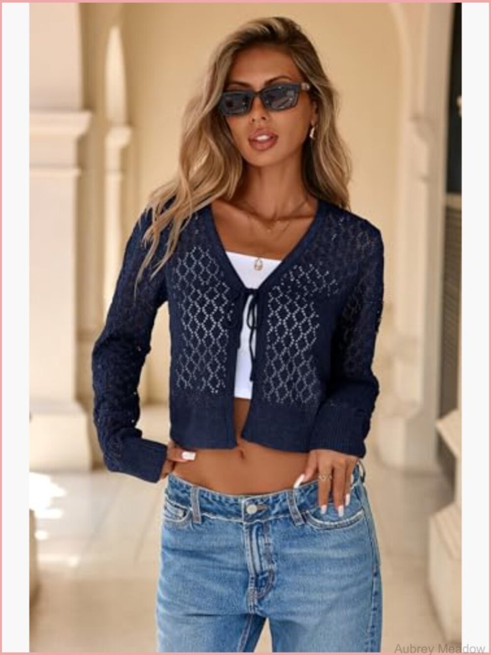 Crochet Cardigan Tie Front Shrug Long Sleeve Knit Cropped Top Boho - Picture 2 of 7